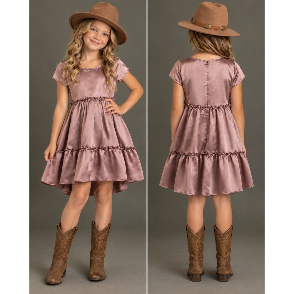 Joyfolie Mia Joy Lorelei Dress Mauve Satin High-Low Tiered Girls Size 10 NEW $58